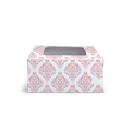 Square Box with window for 4 Cupcakes/Small Cakes - 6x6x3" - Pink Ornamental